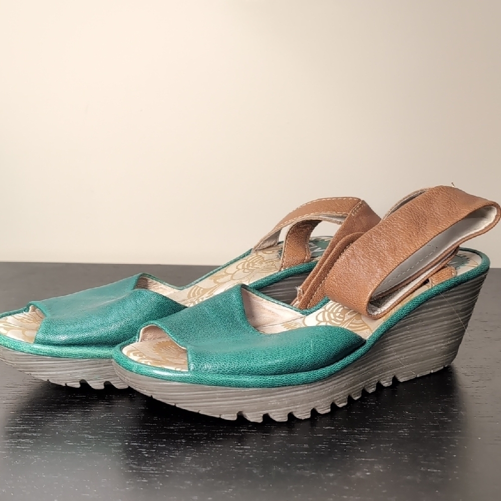 Fly London Green and Brown Wedge Sandals Size 38